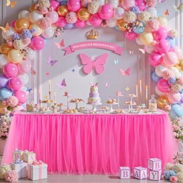 Imagem de PARTISKY Saia de mesa de tule rosa choque de 2,8 m de comprimento para mesas redondas retangulares de 2 camadas de tule tutu de tecido tutu para decoração de chá de bebê, festa de aniversário