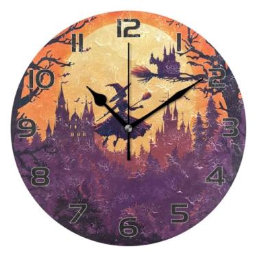 Imagem de YETTASBIN Relógio de parede de bruxa de Halloween, silencioso, sem tique-taque, operado por bateria, relógio redondo decorativo criativo para cozinha, sala de estar, banheiro, decoração de escritório