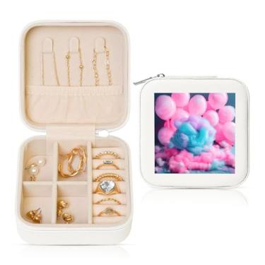 Imagem de Caixa de joias quadrada com estampa de algodão doce rosa estojo de armazenamento portátil para anéis femininos, brincos, colares