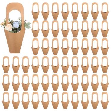 Imagem de Meyeyaia 50/100 pacotes de sacos de presente de flores de papel com alça suporte de buquê de flores marrons sacos de presente florais para casa, casamento, decoração de dia dos namorados, florista