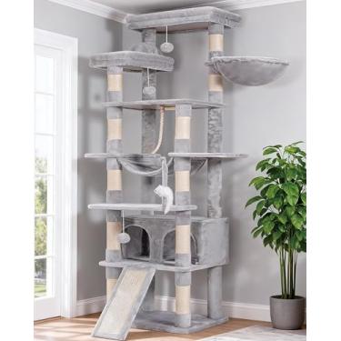 Imagem de Heybly Árvore de gato alta, torre de vários níveis para gatos de 198 cm, 2 poleiros de pelúcia alargados, condomínio para gatos com tábua de arranhar e cavernas grandes, cinza claro HCT033W
