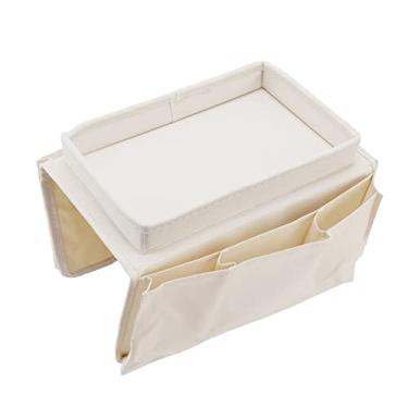 Imagem de GLOGLOW Bandeja de sofá, Suporte de Braço Dobrável Em Tecido Oxford, Grande Armazenamento para Copos e Controles Remotos, Perfeito para Usuários de sofá (Bege)