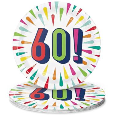 Imagem de Fun Express Pratos de sobremesa de papel explosão de aniversário de 60 anos - suprimentos de festa coloridos e festivos para celebrar um aniversário especial - 8 peças