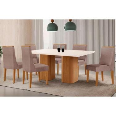 Imagem de Sala Jantar Mesa Maldivas Tampo c/ Vidro Curvo 180cm+6 Cadeiras Dakota Madeira Naturale/Off White - Capuccino/Linho Capuccino - Rufato