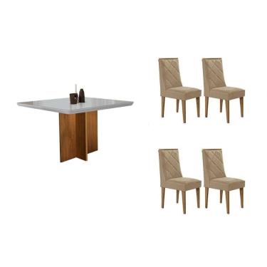Imagem de Sala Jantar Mesa Berlim Tampo c/ Vidro Curvo 90cm+4 Cadeiras Pietá Madeira Naturale/Off White - Capuccino/Suede Creme - Rufato