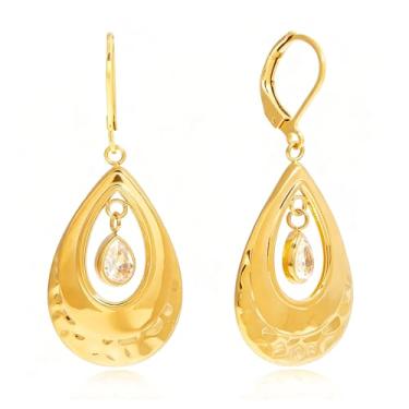 Imagem de Brincos de gota banhados a ouro 18 K para mulheres, zircônia cúbica, camada martelada, brincos pendentes de gota, hipoalergênicos, boêmios, alavanca de lágrima, brincos pendurados nas costas, para
