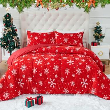 Imagem de YIYEA Jogo de edredom Queen de pele sintética de Natal com lençol de elástico, edredom felpudo ultramacio, de veludo fofo, para outono e inverno, aquecimento aconchegante, sem queda, 4 peças