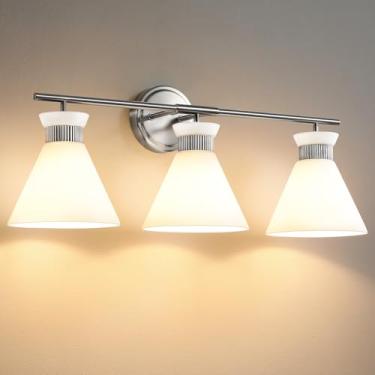 Imagem de WOSHITU Luminárias De Níquel Para Banheiro: Sobre Espelho 23,4" Com Vidro Fosco Branco Leitoso, 3 Luzes Acima Da Luminária Parede (Sem Lâmpada)