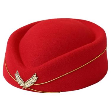 Imagem de UPSTORE Chapéu de aeromoça de feltro vermelho boné de comissária de bordo uniforme de anfitriã de ar acessórios para festa de cosplay de Halloween