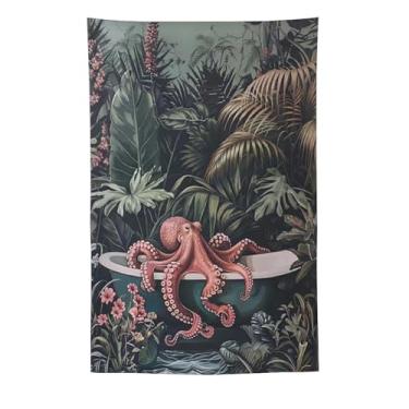 Imagem de Tapeçaria engraçada de polvo na banheira, decoração de parede botânica tropical, criatura marítima, criatura marinha, decoração de arte para chuveiro, casa de praia, spa náutico, decoração de parede