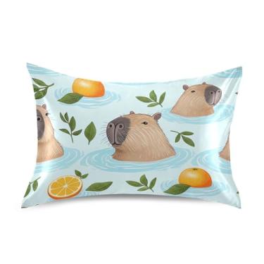 Imagem de Fronhas refrescantes fofas capivaras de natação animal cetim personalizado rei queen padrão capas de travesseiro decoração de cama king size 101,6 cm x 50,8 cm