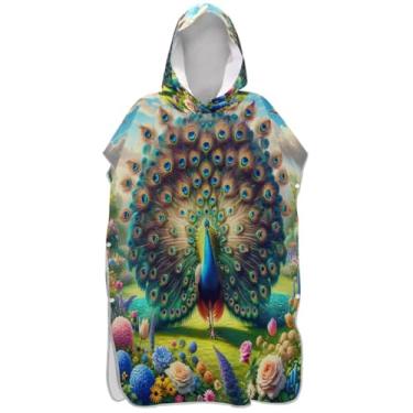 Imagem de Joisal Poncho de surfe para trocador adulto toalha de banho com capuz tamanho grande unissex poncho adulto com capuz pavão colorido vibrante