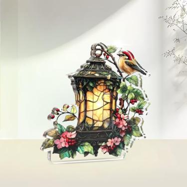 Imagem de 1 placa acrílica colorida, "pássaro na lanterna decorado com flores", ideia de presente de 10 cm e acessório de férias, ornamento de artesanato, decoração de casa, lembrança de centros de mesa/BJ-21