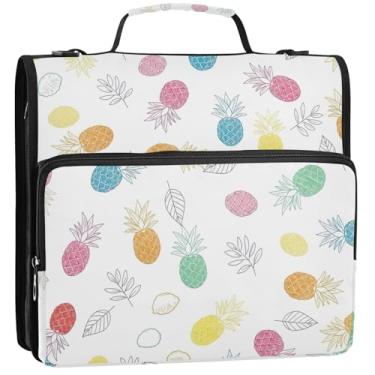 Imagem de Fichários coloridos brancos com 3 argolas de 3 argolas de abacaxi branco com alça de ombro para viagens escolares, vários bolsos, pasta grande para portfólio, 34,5 x 31,5 x 9 cm