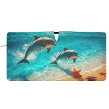 Imagem de Toldo de sol personalizado de praia de golfinhos fofos para para-brisa de carro bonito dobrável animal protetor solar automotivo 76,2 cm x 149,9 cm