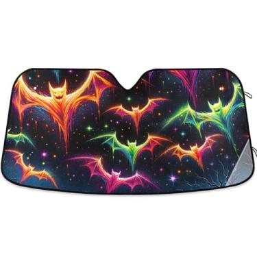 Imagem de Toldo de sol personalizado multicolorido de morcegos neon para para-brisa de carro retrátil dobrável persianas de carros para janelas frontais floral automotivo L, 144,8 cm x 80 cm