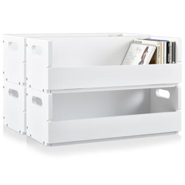 Imagem de CroBlissful Conjunto de 4 suportes de caixa de armazenamento de CD de madeira, prateleiras de fita cassete com alças de transporte, prateleira organizadora para capas de filmes, DVDs, cada conjunto