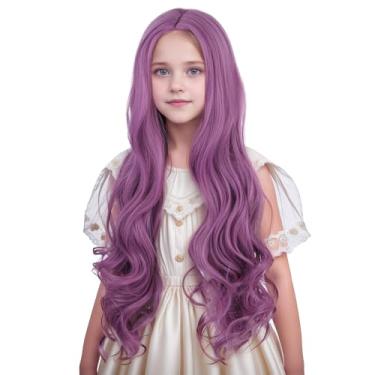 Imagem de DUDUWIG Peruca infantil roxa rosa longa roxa clara parte média peruca para crianças meninas perucas onduladas encaracoladas perucas sintéticas resistentes ao calor com touca