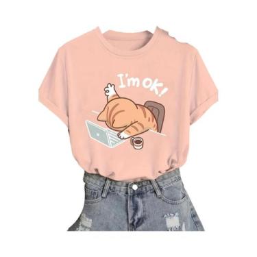 Imagem de Camiseta Feminina Bege Com Estampa De Gato Fofo, Casual, Gola Redonda,