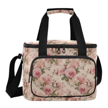Imagem de Bolsa térmica vintage floral retrô rosa rosas, bolsa térmica para praia, lancheira com isolamento