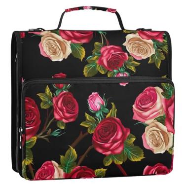 Imagem de Fichário floral de 3,8 cm com 3 anéis, anel D, rosas, flores vermelhas, primavera, zíper, estojo de armazenamento com alça para fichário de ensino médio com alça