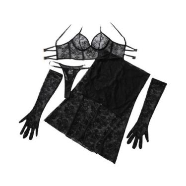 Imagem de Conjunto De Lingerie Sexy De Quatro Peças Com Saia Longa De Renda Tran