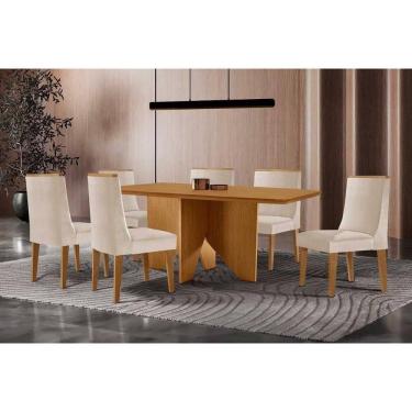 Imagem de Sala Jantar Mesa Nevada Tampo Curvo 180cm+6 Cadeiras Dakota Madeira Naturale - Capuccino/Suede Creme - Rufato
