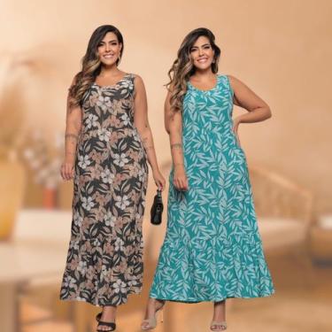 Imagem de Kit 2 Vestidos Longos Plus Size Estampado Regata Com Babado Cor e Esta