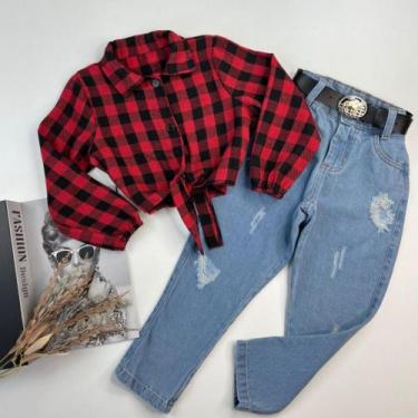 Imagem de Roupa Infantil Conjunto Country Camisa Xadrez Calça Jeans E Cinto Tend