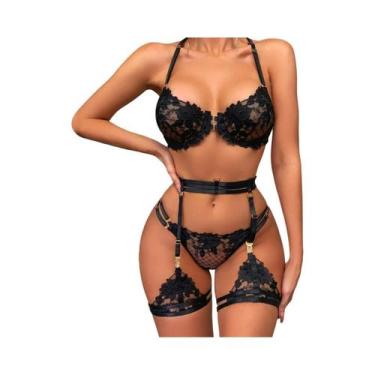 Imagem de Conjunto De Lingerie Sexy Com Sutiã E Calcinha Em Renda Floral Transpa