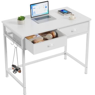 Imagem de Furologee Mesa branca para computador pequena com 2 gavetas de tecido para quarto, mesa de escrita, escritório doméstico simples de 86 cm, penteadeira com ganchos, mesa de estudo para adultos