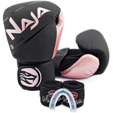 Imagem de Kit Naja Luva Boxe/Muay Thai Extreme + Bandagem 3Mt + Bucal - Preto/Rosa - Tam 10Oz-Unissex