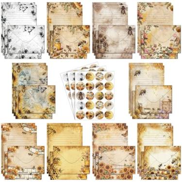 Imagem de TaoBary Conjunto de papel de papelaria com 160 peças, 50 papéis de papelaria dupla face, 50 envelopes correspondentes e 60 adesivos redondos, 10 designs (borboleta floral de abelha vintage, 21 x 14 cm
