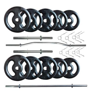 Imagem de Kit 30 Kg de Anilhas Ferro + 02 Barras de 40cm + Barra W + Barra 120m-Unissex