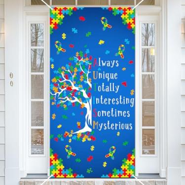 Imagem de Avezano Capa de porta de conscientização do autismo, árvore de conscientização, peça de quebra-cabeça, foto, faixa para porta, abril, decoração de festa de conscientização do