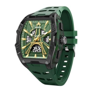 Imagem de SMAEL Relógio masculino, relógio de pulso masculino verde exclusivo em forma de barril, cronógrafo multifuncional, visor de fuso horário duplo/digital/analógico, cronômetro de contagem regressiva