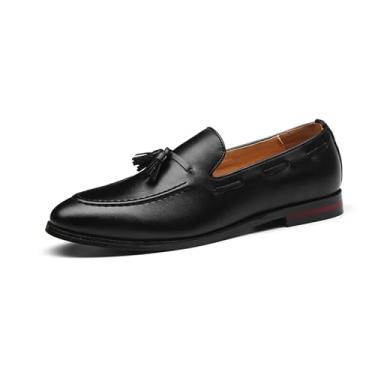 Imagem de Sapato social masculino de couro sintético slip-on com borla, mocassins, festa de casamento, moda com ponta de asa, Preto, 43