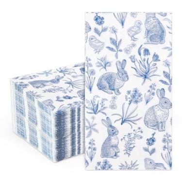Imagem de Whaline Guardanapos de papel para convidados de Páscoa, guardanapos de papel, azul, branco, retrô, coelho, chinoiserie, florais, descartáveis, toalhas de mão de banheiro para primavera, chá de bebê