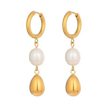 Imagem de Kokoma Brincos femininos com pingente de gota de pérola simulada, argola de gota de água, brincos de aço inoxidável, acessório de joias de orelha da moda