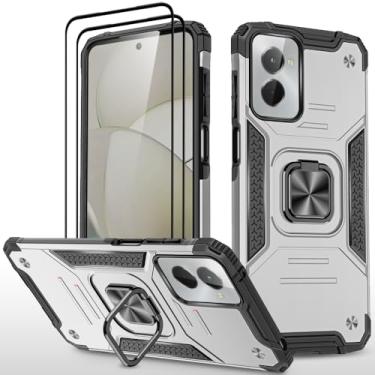 Imagem de HONG-AMY Capa para Moto G Play 4G 2024 com 2 peças de protetor de tela de vidro temperado, grau militar duplo à prova de choque com suporte - prata