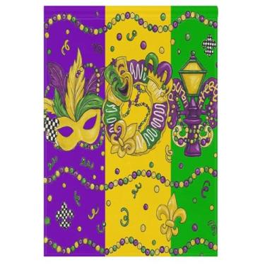 Imagem de Happy Mardi Gras Bandeira de jardim 30,5 x 45,7 cm dupla face exterior Fleur de Lis máscara de baile de máscaras carnaval sazonal quintal bandeira exterior bandeira para jardim, gramado, pátio