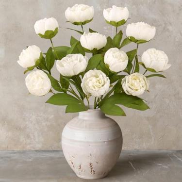 Imagem de ASTNIC Flores artificiais de peônia de 68,5 cm para vaso, 3 peças, ramo de peônias falsas brancas com haste longa, flor de seda para arranjos florais, mesa de buquê faça você mesmo, centro de mesa
