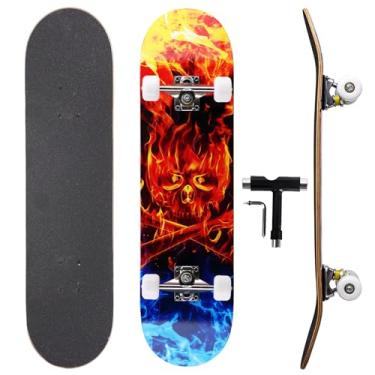 Imagem de Skate profissional de chute duplo, deck de bordo de 78,7 cm, rolamentos ABEC-9, rodas de poliuretano 95A, design gráfico personalizado (fogo frio, 78,7 cm)