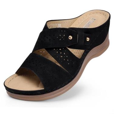 Imagem de TEMOFON Sandálias de cunha para mulheres verão: sandálias elegantes de salto baixo preto/azul marinho/branco, caminhada confortável, suporte de arco, sapatos casuais de verão, tamanho 5-11, 17 preto