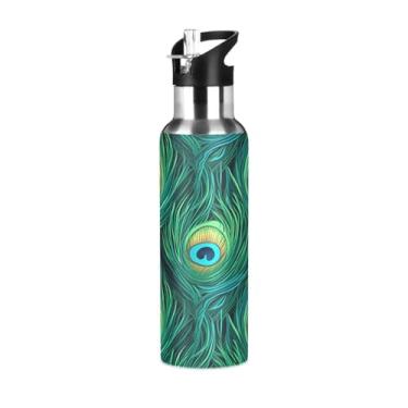 Imagem de Wassud Garrafa de água de penas de pavão de aço inoxidável garrafa de água esportiva com canudo garrafas de água isoladas copo portátil de viagem 623 g