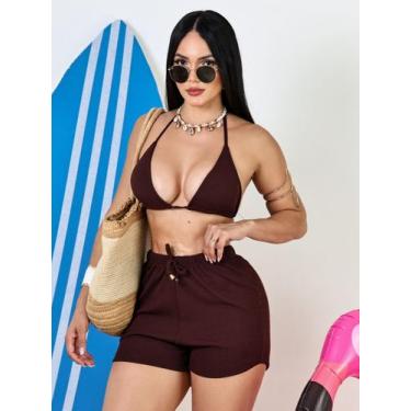 Imagem de Conjunto Biquíni e Short Anarruga com Forro e Bojo Top Praia Verão - N