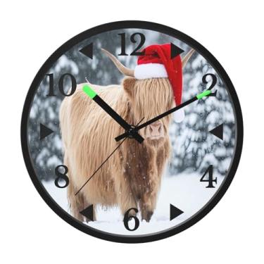 Imagem de STAYTOP Highland Cows usando chapéus de Natal, relógio de parede de LED para quarto com brilho noturno, relógios de parede silenciosos de 30,5 cm para decoração de sala de estar, controle de som