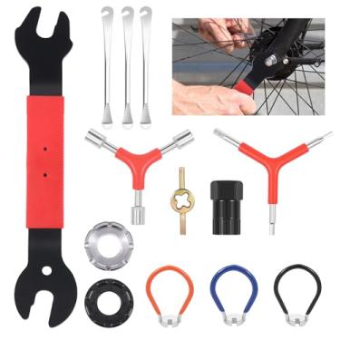 Imagem de 13 peças de chaves de raio de bicicleta, kit de ferramentas de raio de bicicleta com 3 alavancas de pneu, conjunto de ferramentas de engate de aro de bicicleta, kit de reparo correto de aro de