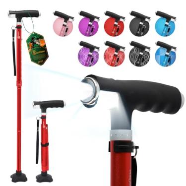 Imagem de BeneCane Bengala para mulheres, bengala dobrável para homens com duas luzes de LED, quadriciclo com base estável, bastão leve e ajustável (vermelho)