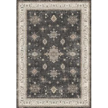 Imagem de Tapete antiderrapante lavável 5 x 7 cm - Tapete macio de pelo baixo para entrada de cozinha, quarto - Tapete de porta interno envelhecido floral vintage com suporte de borracha (cinza carvão)